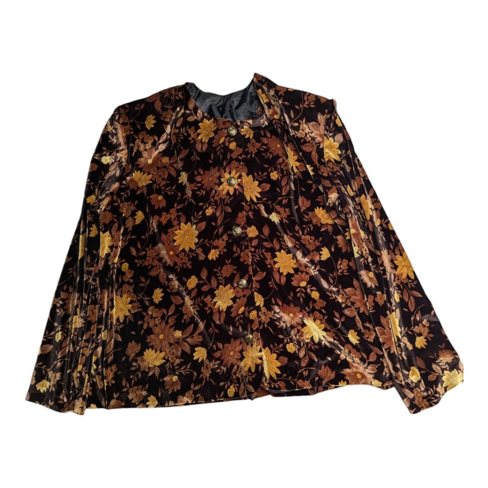 Vtg 1980s Brown Gold Floral Print Velvet Button Up Collarless Blazer Jacket L